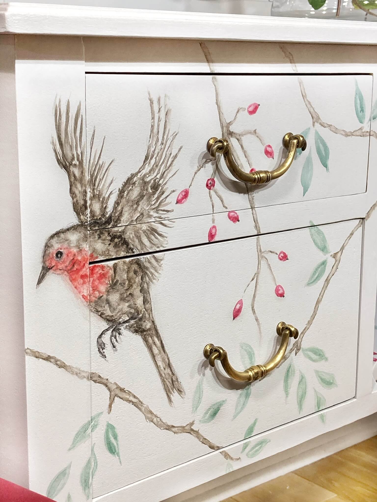 Watercolour Robin Design on Upcycled Vintage Dressing Table