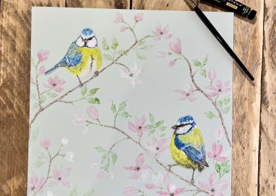 Blue tits with florals in watercolour on canvas