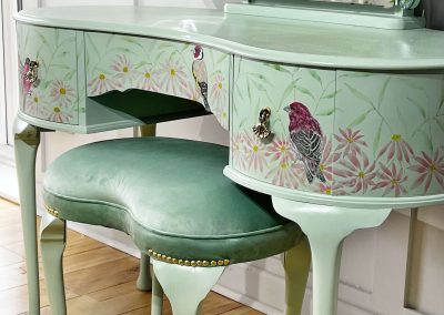 Green upcycled dressing table with watercolour birds and flowers design