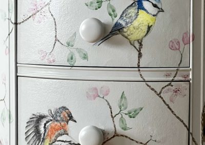 Watercolour blue tit and bull finch painted onto a vintage dressing table