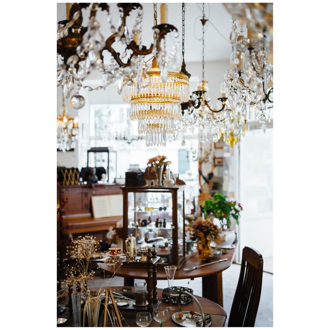 Antique shop interior with vintage glass light fittings