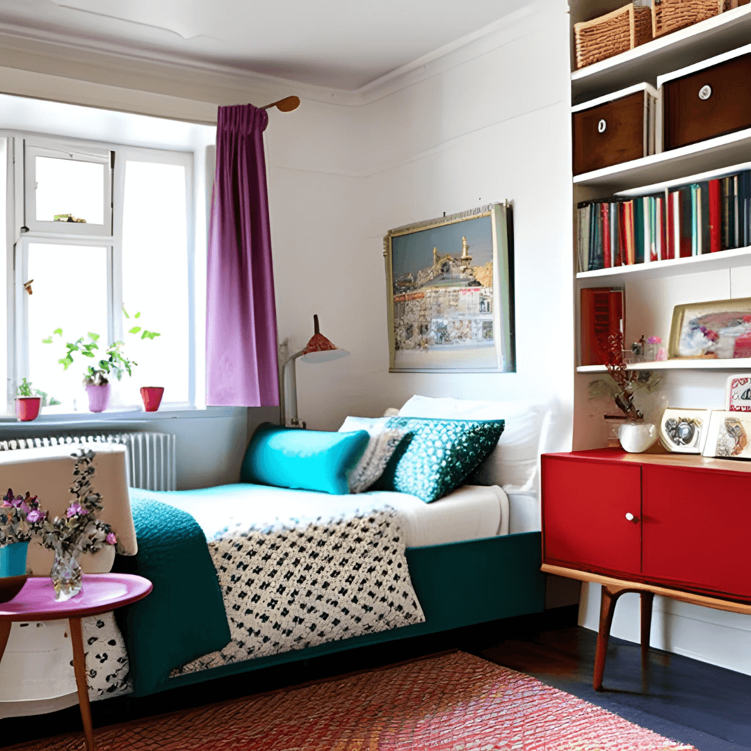 Hipstoric style bedroom with bright accessories