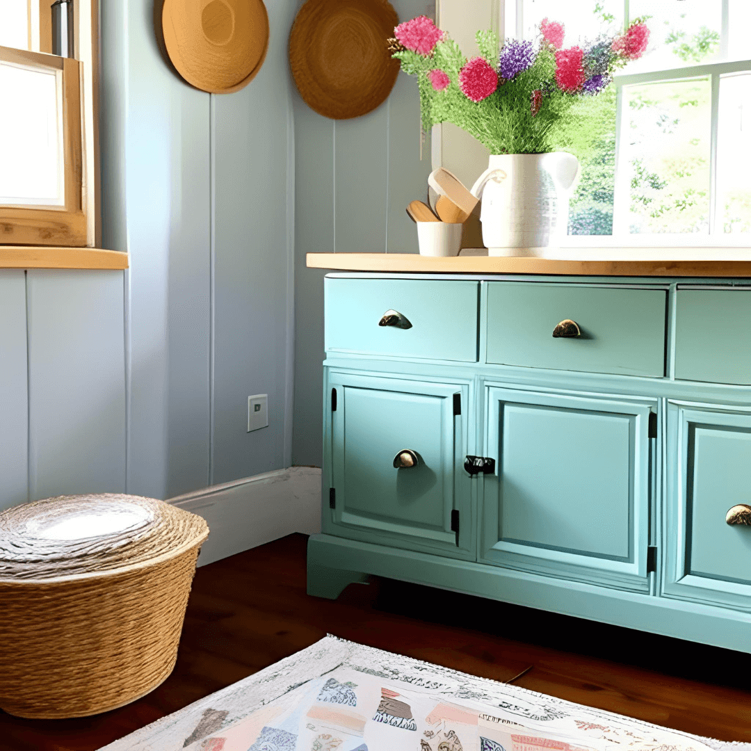 Blue hand painted dresser with pink flowers
