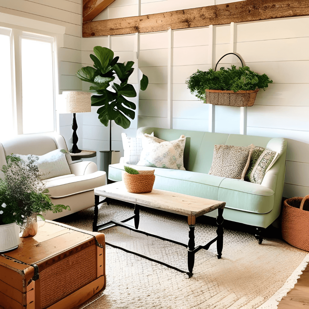 Hipstoric style living room with cream rug and green sofa